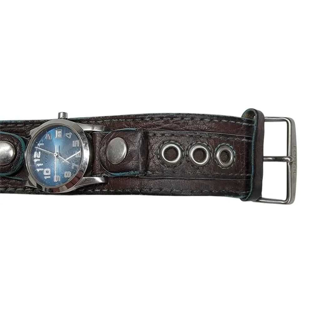 Fossil Wide Cuff Watch Brown Leather Blue Dial Date Indicator Y2K Retro